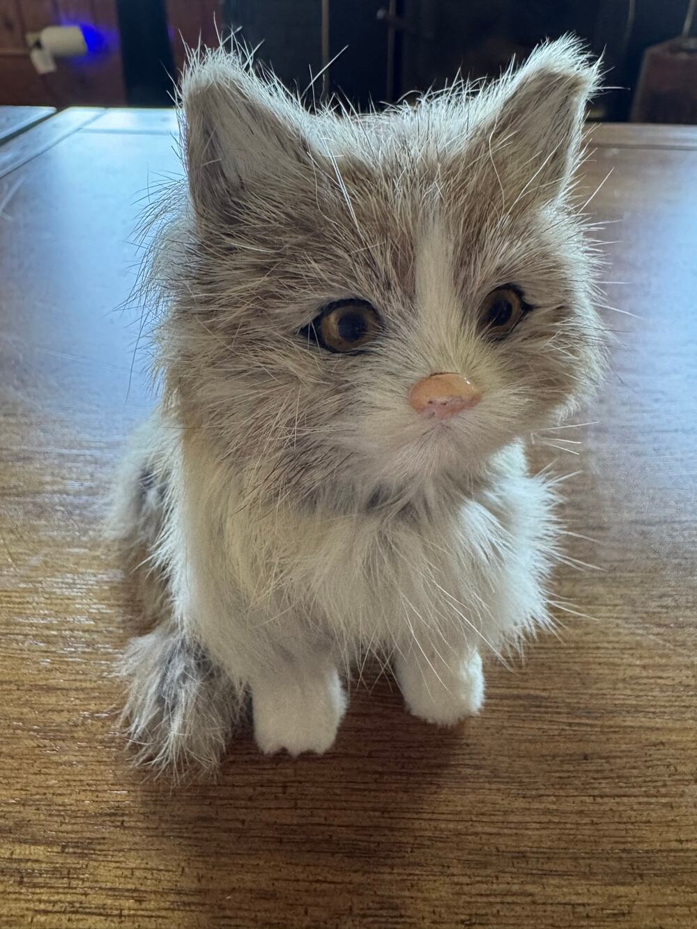 Vintage Rabbit Fur Gray White Kitten Cat Figurine Handmade Real Fur 5” Decor